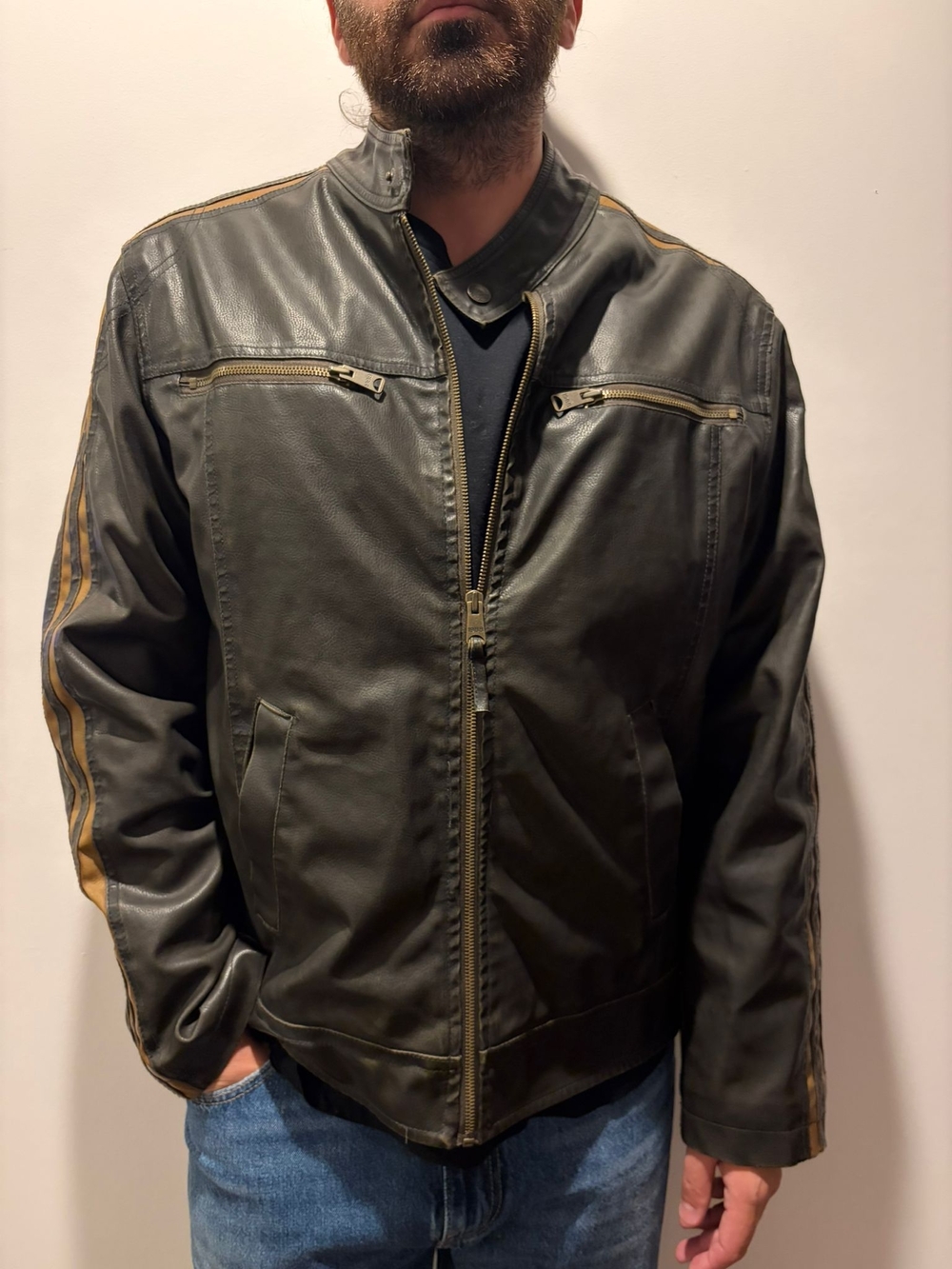 Arizona Jean Company Black Leather Bomber Jacket with Tan Racing Stripes